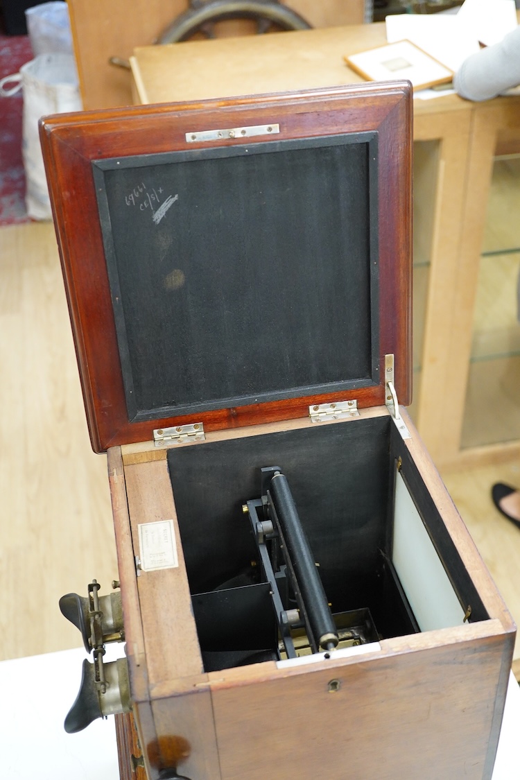 A late 19th century French mahogany Taxiphote stereoscopic table top viewer, 51cm high, 33cm wide
